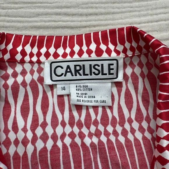 Vintage Carlisle Blouse Womens Size 14 Red White 100% Silk Tunic Button Front - Picture 2 of 8